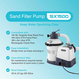 1500 GPH Pump Flow Rate Improved Circulation and Filtration INTEX SX1500 Krystal Clear Sand Filter Pump