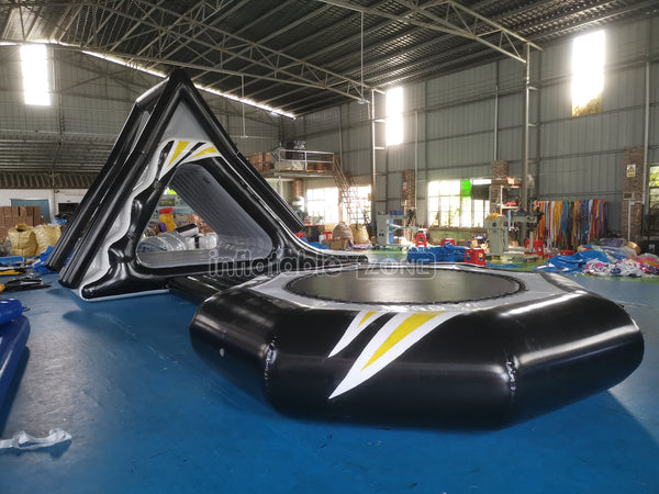 New Black Inflatable Water Floating Trampoline Combo With Launch And Slide