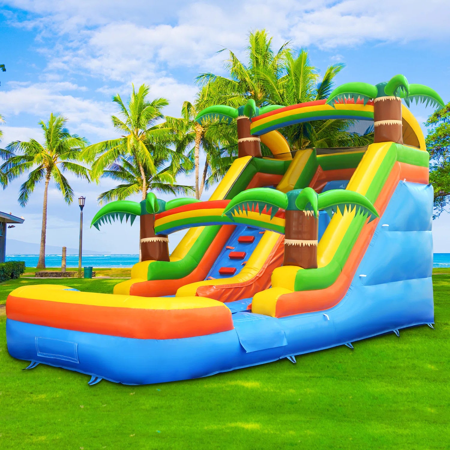 Tropical Inflatable Water Slide Commercial Wet Dry Bouncer Outdoor Blow Up Slide And Pool