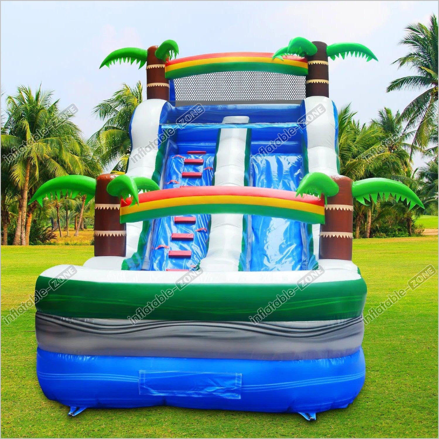 Blowing Up Inflatables Inflatable With Water Slide Wet Dry Tropical Oasis Commercial Blow Up ...