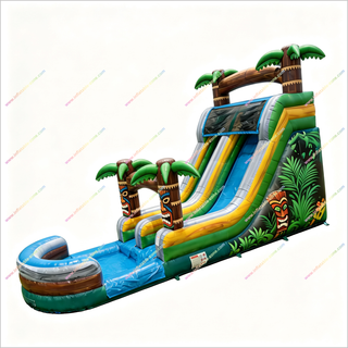 Adventure-Themed Inflatable Water Slide And Splash Pool Tropical Island Escape Jumping Castle With Water Slide For Sale