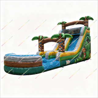 Adventure-Themed Inflatable Water Slide And Splash Pool Tropical Island Escape Jumping Castle With Water Slide For Sale