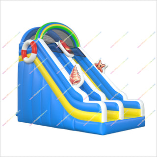 Beach Themed Inflatable Slide Nearby Play Park Equipment Bouncy Castle Rainbow Moonwalk With Slide