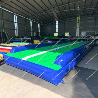 Blue and green inflatable air track tumbling mat designed for gymnastics, cheer, yoga, and fitness training. Made with durable, high-pressure PVC for excellent bounce and stability. Ideal for home use, gyms, schools, and studios. Easy to inflate, deflate, transport, and store for daily practice.