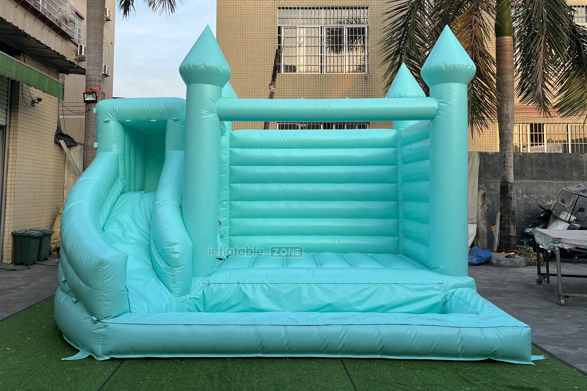 Mint Green Bouncy Castle With Slide Combo Happy Jump Inflatables Fun In The Sun Bounce House
