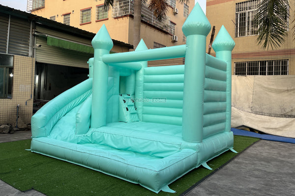 Mint Green Bouncy Castle With Slide Combo Happy Jump Inflatables Fun In The Sun Bounce House