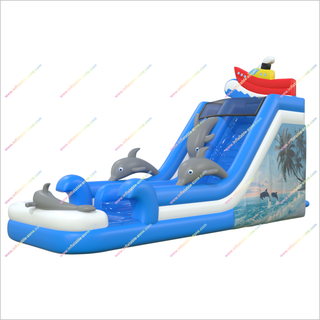 Inflatable Dolphins Bounce House Water Slide Into Pool Inflatable Ship Topper Bouncy Water Slide For Sale