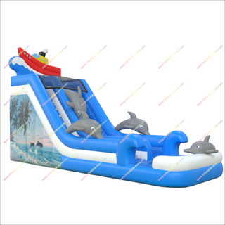 Inflatable Dolphins Bounce House Water Slide Into Pool Inflatable Ship Topper Bouncy Water Slide For Sale