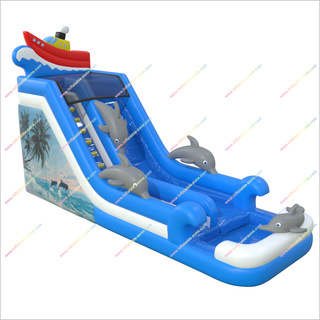 Inflatable Dolphins Bounce House Water Slide Into Pool Inflatable Ship Topper Bouncy Water Slide For Sale