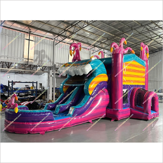 Flamingo-Themed Inflatable Combo Jumping Bouncing Double Slide Bouncy Castle Commercial Bounce House Water Slide For Sale