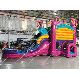 Flamingo-Themed Inflatable Combo Jumping Bouncing Double Slide Bouncy Castle Commercial Bounce House Water Slide For Sale