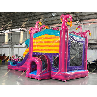 Flamingo-Themed Inflatable Combo Jumping Bouncing Double Slide Bouncy Castle Commercial Bounce House Water Slide For Sale