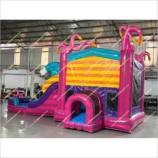 Flamingo-Themed Inflatable Combo Jumping Bouncing Double Slide Bouncy Castle Commercial Bounce House Water Slide For Sale