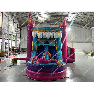 Flamingo-Themed Inflatable Combo Jumping Bouncing Double Slide Bouncy Castle Commercial Bounce House Water Slide For Sale