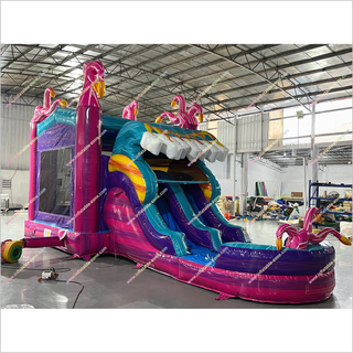 Flamingo-Themed Inflatable Combo Jumping Bouncing Double Slide Bouncy Castle Commercial Bounce House Water Slide For Sale