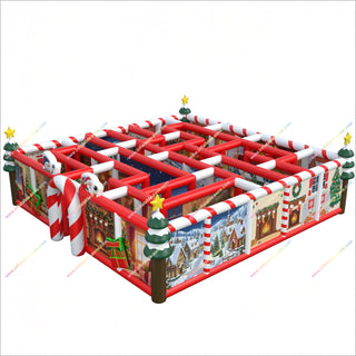 Christmas Inflatable Maze Castle Combo Bounce House Santa Claus And Snowman Maze Obstacle Course Escape Room Game