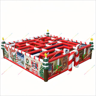 Christmas Inflatable Maze Castle Combo Bounce House Santa Claus And Snowman Maze Obstacle Course Escape Room Game