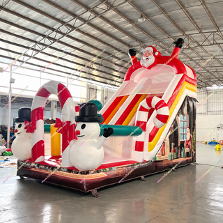 Celebrate the holiday season with a festive Santa Claus and snowman inflatable indoor slide featuring a colorful candy cane theme. Ideal for Christmas parties, indoor play centers, holiday events, malls, family entertainment venues, and rental businesses, the eye-catching design creates exciting seasonal fun. Durable construction and a spacious layout make it a great attraction for children and festive celebrations.