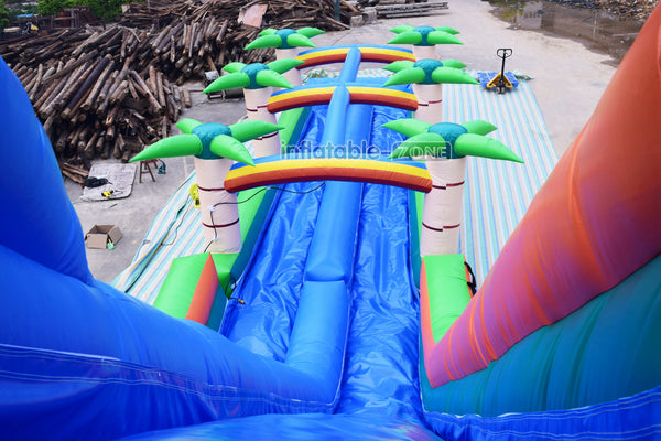 Outdoor Sun Palm Tree Double Lane Large Slip And Slide Commercial Inflatable Water Slide With Pool