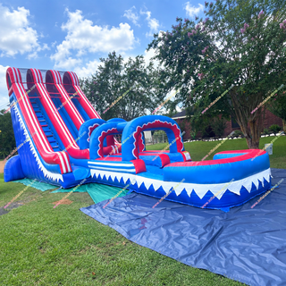 Double the fun and boost your event rental income with this Commercial Double-Lane Slip N Slide! Designed with parallel racing lanes ending in a refreshing splash pool, it delivers ultimate summer excitement for kids and adults. Constructed from heavy-duty, commercial-grade PVC for long-lasting durability, safety, and rapid setup.