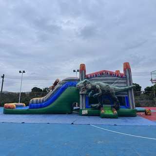 Embark on a prehistoric adventure with our Dinosaur Water Inflatable Commercial Bounce House! This wet/dry combo features a thrilling slide and pool, ensuring endless fun for kids. Watch as they bounce, slide, and splash amidst dinosaurs. Perfect for parties or events, this bouncy castle promises a roaring good time for all!