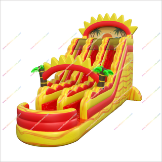 Double Lane Tropical Water Slide Small Splash Pool Palm Trees And Sunset Inflatable Water Slides For Adults For Sale