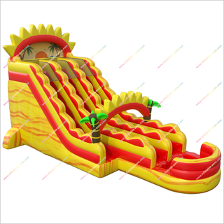 Double Lane Tropical Water Slide Small Splash Pool Palm Trees And Sunset Inflatable Water Slides For Adults For Sale