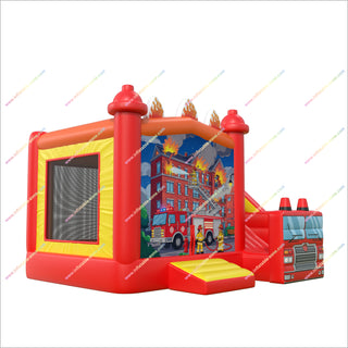 Firefighter Party Theme Inflatable Castle And Slide Combo Large Bounce House With Slide For Sale