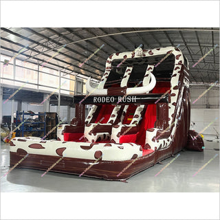 Cow Theme Giant Inflatable Pool Water Slide Commercial Inflatable Rodeo Rush Hybrid Double Lane Water Slide Rental