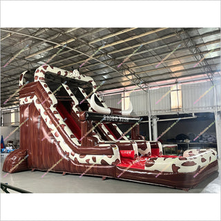 Cow Theme Giant Inflatable Pool Water Slide Commercial Inflatable Rodeo Rush Hybrid Double Lane Water Slide Rental