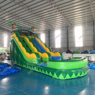 Experience a tropical getaway with the Green Inflatable Palm Tree Water Slide! This vibrant inflatable features a thrilling tropical rush slide, a spacious splash pool, and a fun jump castle. Perfect for backyard parties and summer fun, it combines exciting sliding and bouncing for a refreshing and adventurous playtime for all ages!