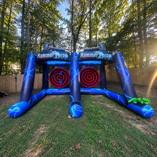 Challenge your friends with the Hammer Throw Dual Challenge! This inflatable game combines axe throwing and hammer toss for an exciting, skill-testing experience. Perfect for adults at outdoor events, corporate gatherings, and parties. Safe, competitive, and endlessly fun—bring the thrill of the game to your next event!