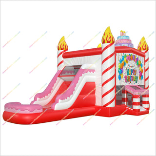 Happy Birthday Bounce House Inflatable Water Slide Pool Combo Candy Theme Party Bouncy Castle Water Slide For Sale