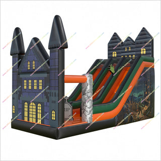 Haunted Halloween Castle Tall Inflatable Slides Spooky Playground Double Slide Bounce House For Sale