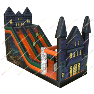 Haunted Halloween Castle Tall Inflatable Slides Spooky Playground Double Slide Bounce House For Sale