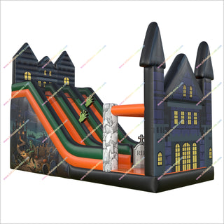 Haunted Halloween Castle Tall Inflatable Slides Spooky Playground Double Slide Bounce House For Sale