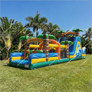 Hawaiian-Themed Inflatable Obstacle Course Water Slide Inflatable Palm Trees Outdoor Water Assault Course Near Me