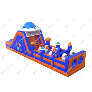 Space Theme Decorations Inflatable Assault Course Bouncy Castle UFO Slide Commercial Bounce House Obstacle Course For Sale