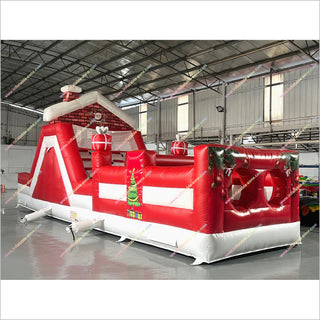 Red Christmas Obstacle Course Bounce House Rentals Holiday Theme Party Inflatable Assault Course Kids