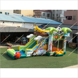 Animal Jungle Theme Inflatable Bounce House And Waterslide Pool Jumping Castle Combo Backyard Fun For Adults