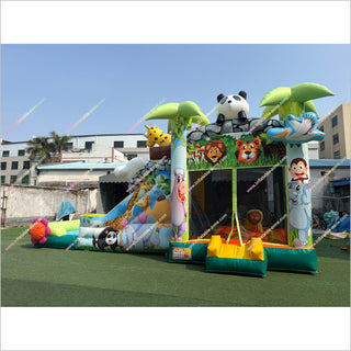 Animal Jungle Theme Inflatable Bounce House And Waterslide Pool Jumping Castle Combo Backyard Fun For Adults