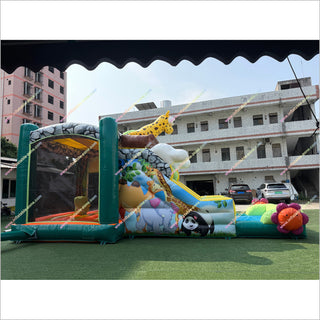 Animal Jungle Theme Inflatable Bounce House And Waterslide Pool Jumping Castle Combo Backyard Fun For Adults