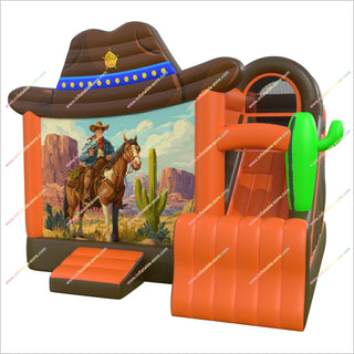 Cowboy-Themed Inflatable Bounce House Castle With Slide Combo Bouncer Jumper Rentals Near Me