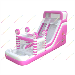 Pink And White Inflatable Bounce House Water Slides Candy-Themed Big Water Slide Into Pool