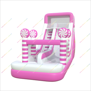 Pink And White Inflatable Bounce House Water Slides Candy-Themed Big Water Slide Into Pool