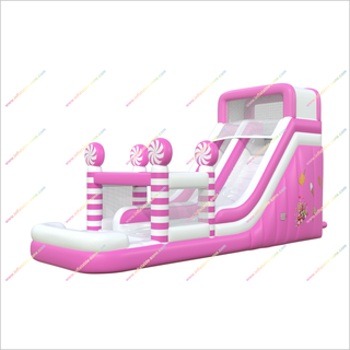 Pink And White Inflatable Bounce House Water Slides Candy-Themed Big Water Slide Into Pool