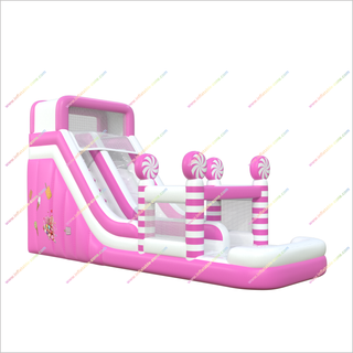 Pink And White Inflatable Bounce House Water Slides Candy-Themed Big Water Slide Into Pool