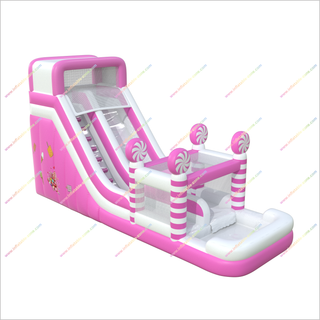 Pink And White Inflatable Bounce House Water Slides Candy-Themed Big Water Slide Into Pool