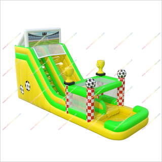 Soccer-Themed Inflatable Bounce House Waterslide Jumping Castle With Championship Trophies And A Splash Pool