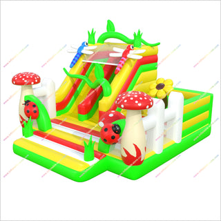 Colorful Garden-Themed Inflatable Bounce House Combines Slides Climbing Areas Happy Hop Inflatable Castle Bouncer
